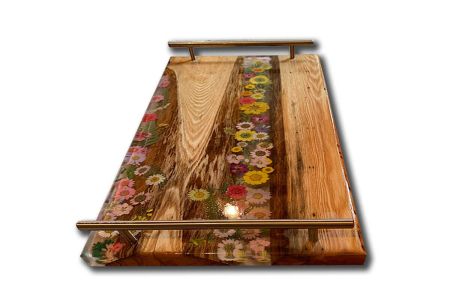 Epoxy Wood Serving Tray with Clear Epoxy and Flowers