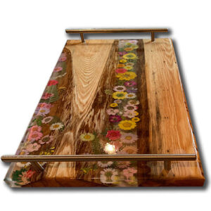 Epoxy Wood Serving Tray with Clear Epoxy and Flowers