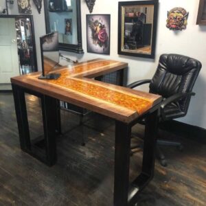 L shaped dark walnut and epoxy desk